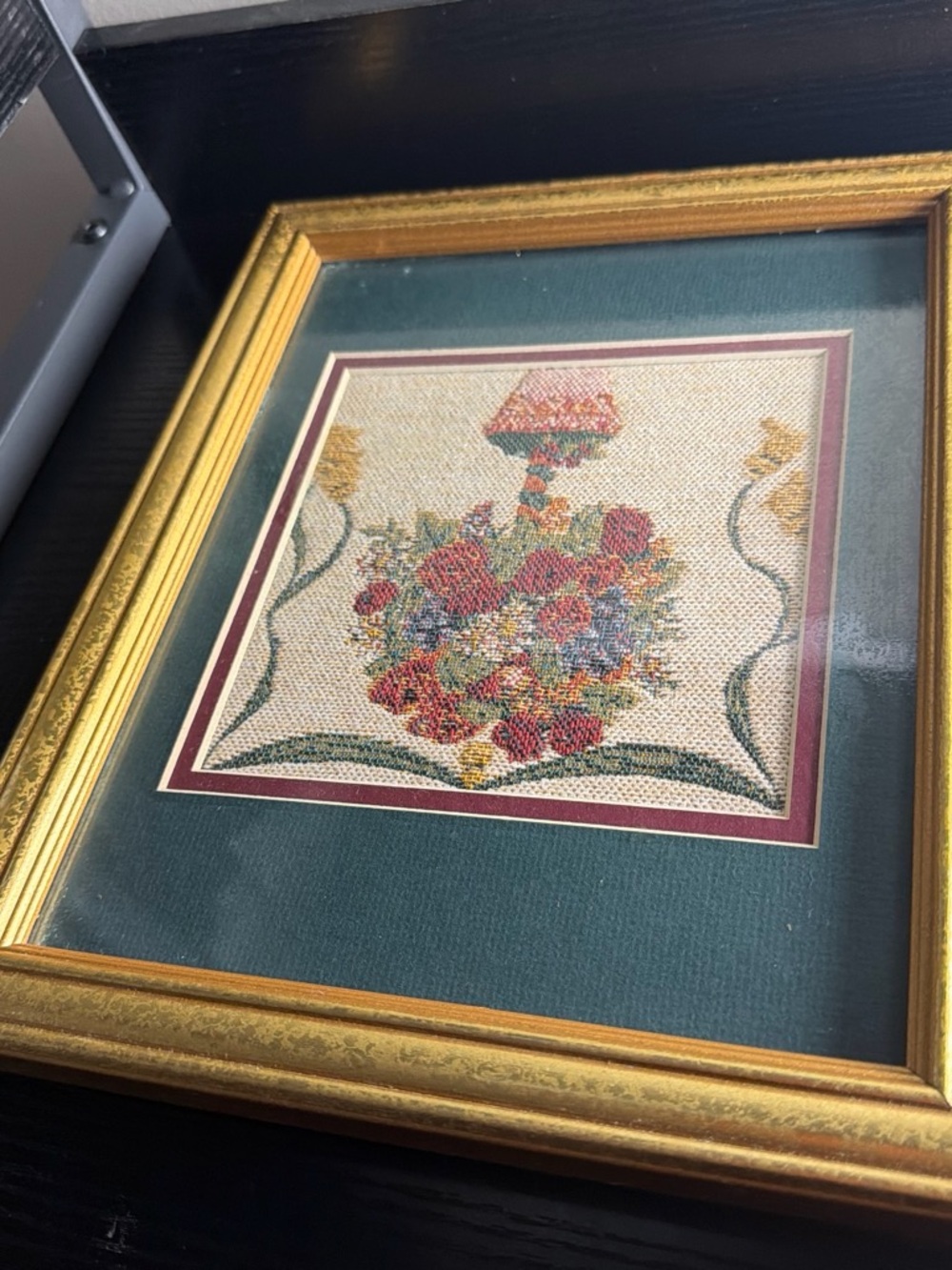 Gold Framed Floral Needlepoint with Teal Matting